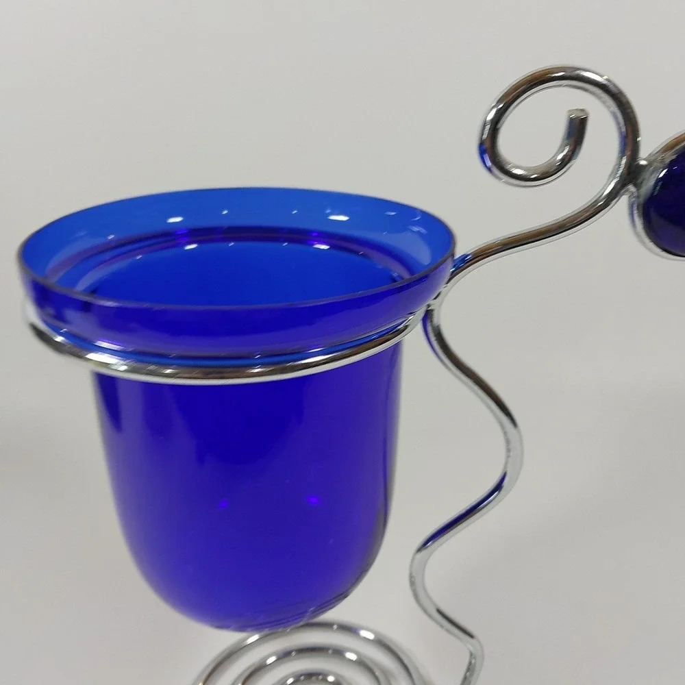 Vintage MCM‎ Cobalt Blue Glass Silver Tone Metal Coil Candle Holder 10